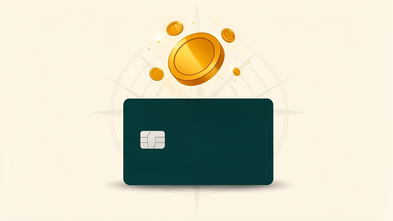 A clean, modern illustration of a credit card surrounded by floating coins, points, and a subtle compass rose, symbolizing guidance to the best rewards.