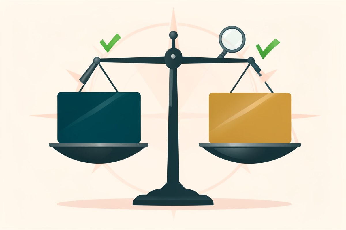 An illustration of two credit cards on a balance scale, with checkmarks and a magnifying glass, comparing their rewards and fees.