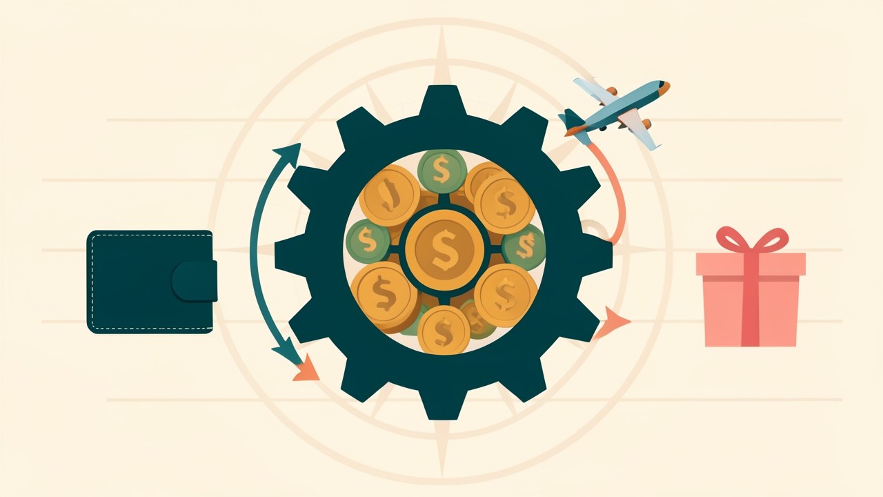 An illustrated gear-like diagram with coins, points, and an airplane, showing the mechanics of how credit card rewards are earned and redeemed.
