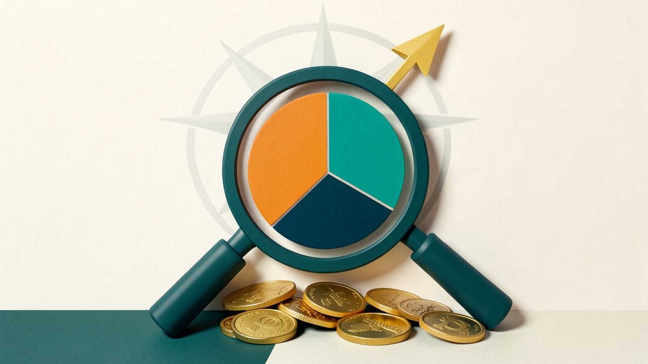An illustration of a magnifying glass over a pie chart of spending categories, with a rising arrow and coins, symbolizing maximizing rewards.