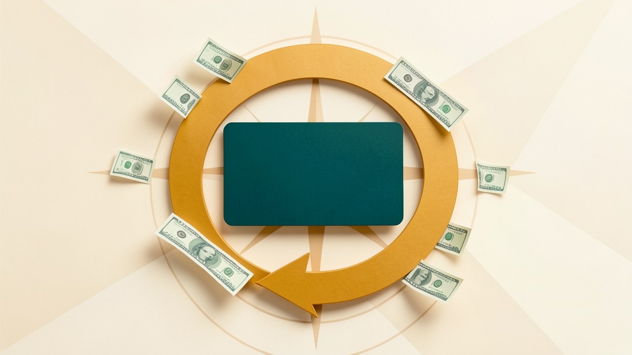 An illustration of a credit card with dollar bills and a cash-back symbol, representing cashback rewards.