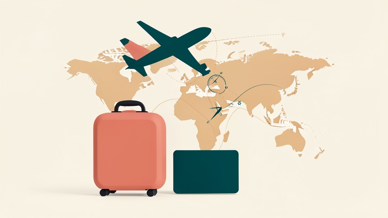 An illustration of an airplane flying over a world map, with luggage and a credit card, representing travel rewards.