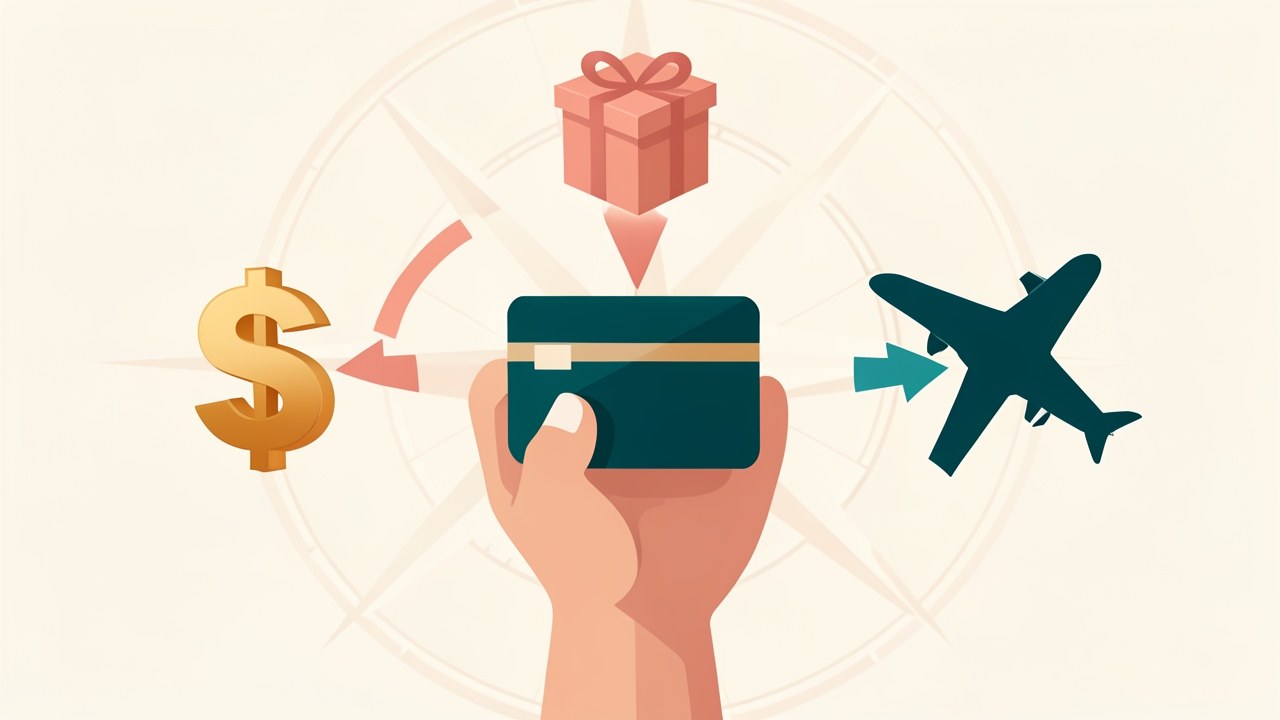 An illustration of a hand holding a credit card with arrows pointing to a gift box, airplane, and dollar sign, representing redemption options.