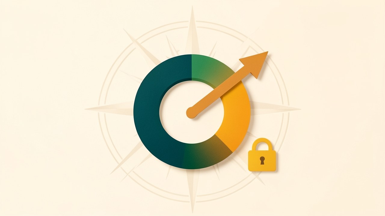 An illustration of a credit score gauge with a credit card and a lock, representing eligibility requirements.