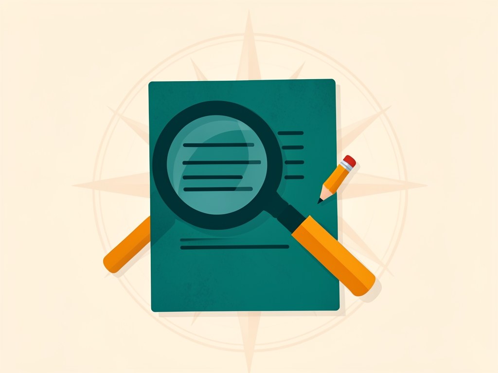 An illustration of a document with a magnifying glass and a pencil, representing editorial review and accuracy.