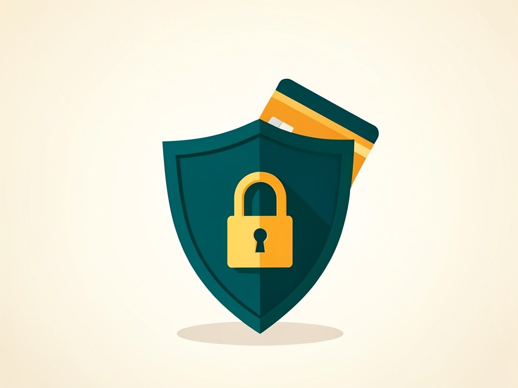 An illustration of a shield with a lock and a credit card, representing privacy and security.