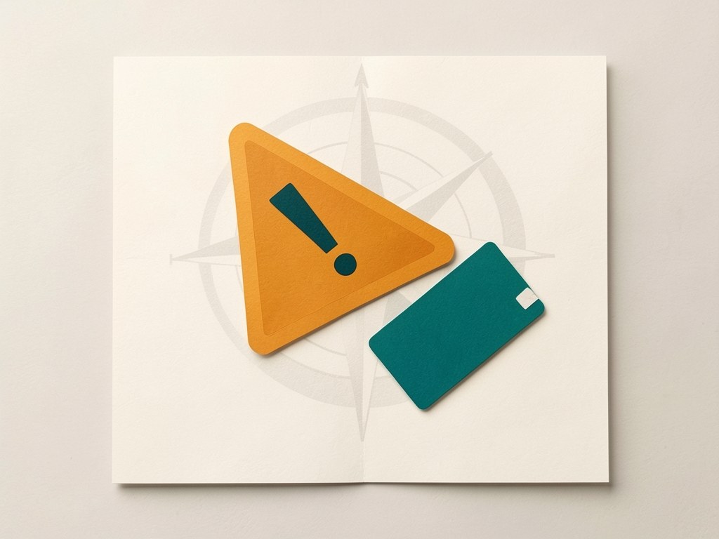 An illustration of a warning sign with an exclamation mark and a credit card, representing important disclaimers.