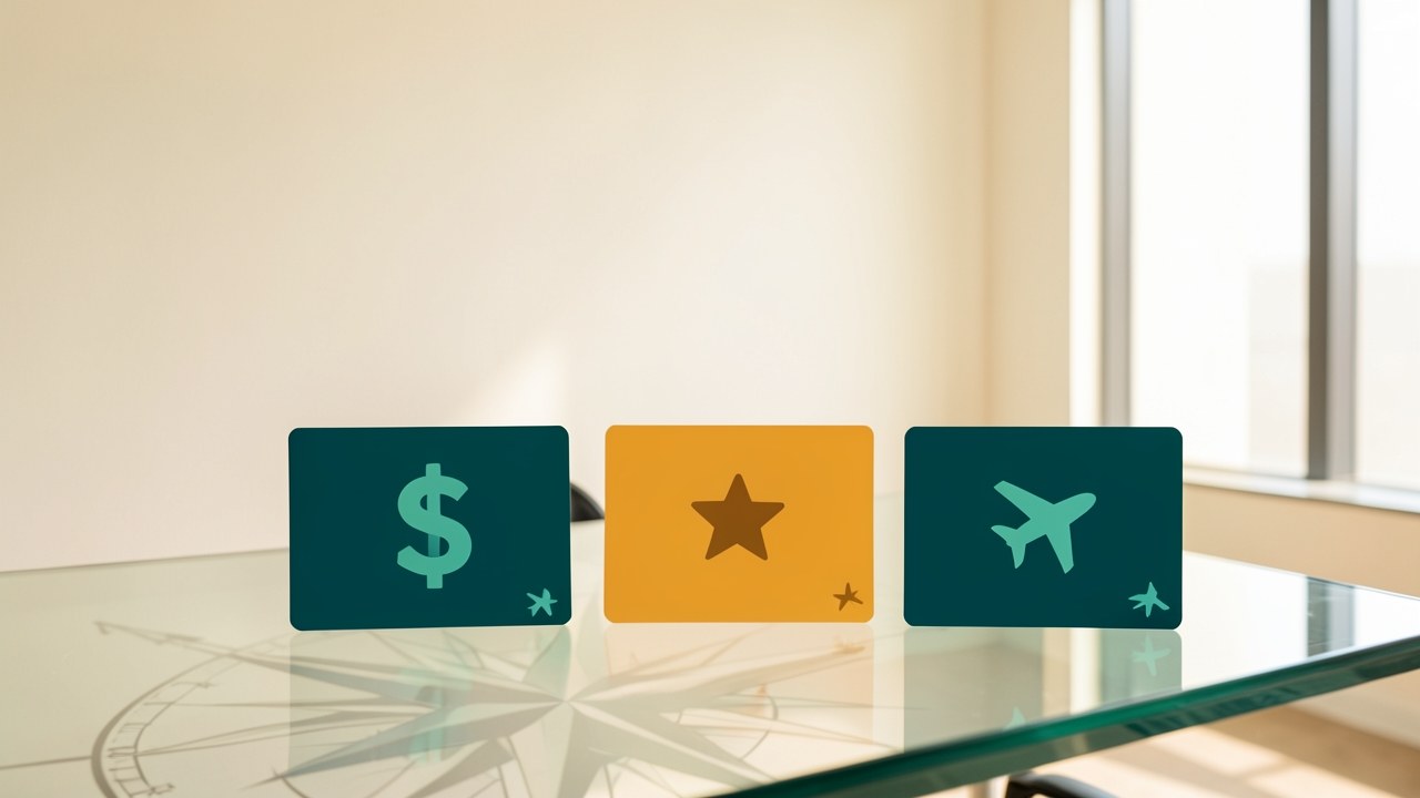 An illustration of three credit cards representing cash back, points, and miles, with corresponding icons.